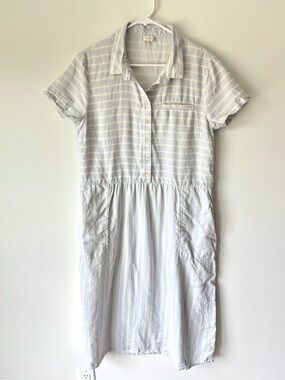 Poetry Blue White Striped Short Sleeve Midi Dress Linen Blend Cottagecore